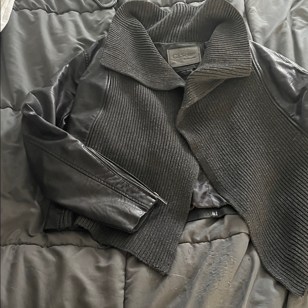 Ci Sono Black Ribbed Vegan  Leather Jacket